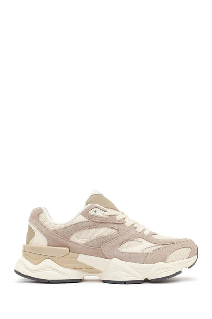 Erkek Bej Bağcıklı Kalın Tabanlı Deri Sneaker