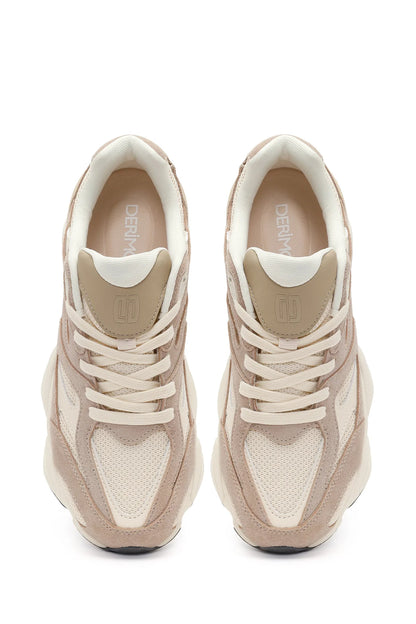 Erkek Bej Bağcıklı Kalın Tabanlı Deri Sneaker