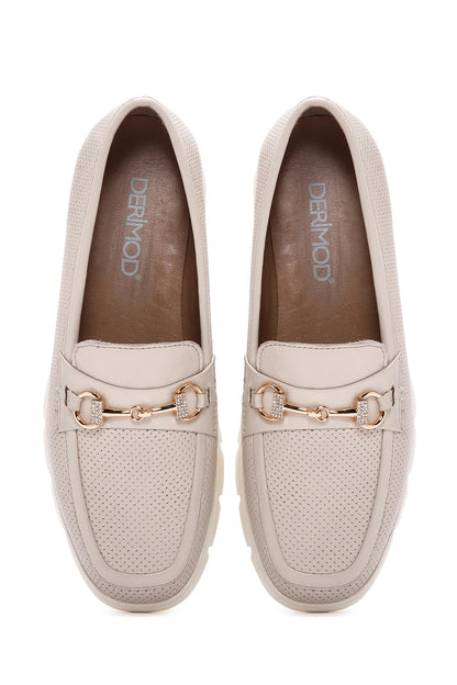 Kadın Krem Tokalı Deri Comfort Loafer