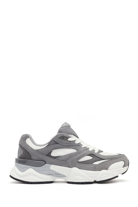 Erkek Gri Bağcıklı Kalın Tabanlı Deri Sneaker