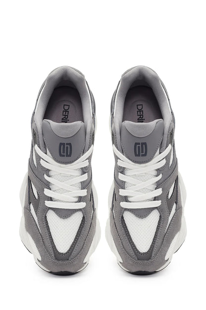 Erkek Gri Bağcıklı Kalın Tabanlı Deri Sneaker