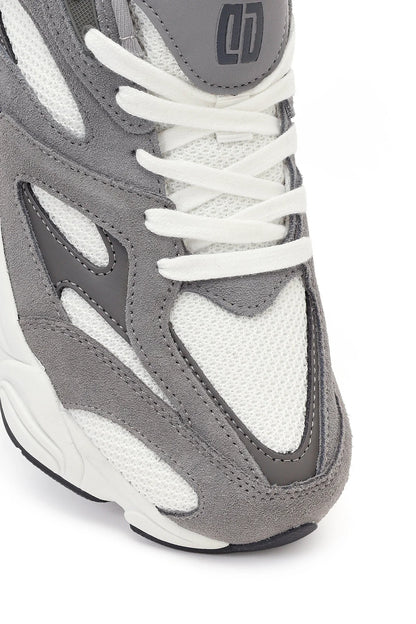 Erkek Gri Bağcıklı Kalın Tabanlı Deri Sneaker