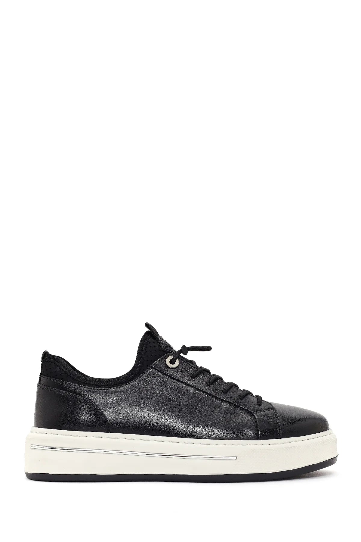 Erkek Siyah Bağcıklı Kalın Tabanlı Deri Sneaker