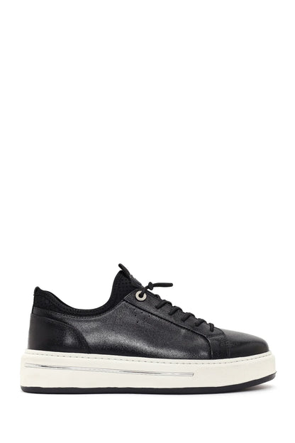 Erkek Siyah Bağcıklı Kalın Tabanlı Deri Sneaker