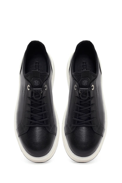 Erkek Siyah Bağcıklı Kalın Tabanlı Deri Sneaker