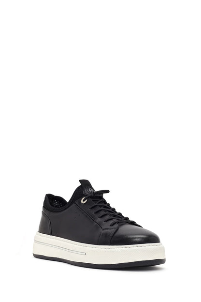 Erkek Siyah Bağcıklı Kalın Tabanlı Deri Sneaker
