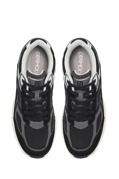 Erkek Siyah Kalın Tabanlı Bağcıklı Deri Sneaker