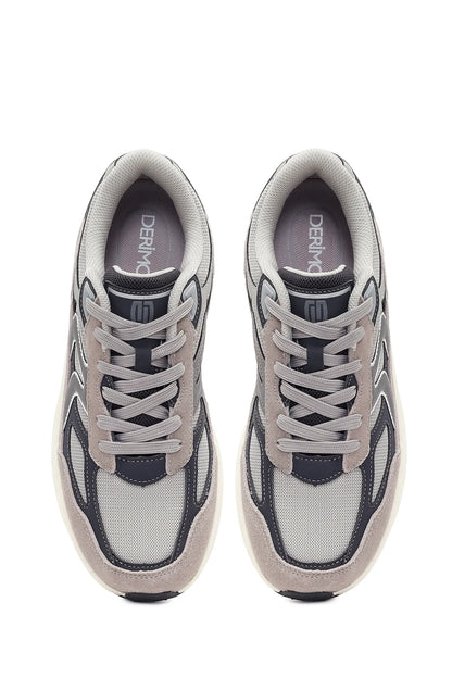 Erkek Gri Kalın Tabanlı Bağcıklı Deri Sneaker