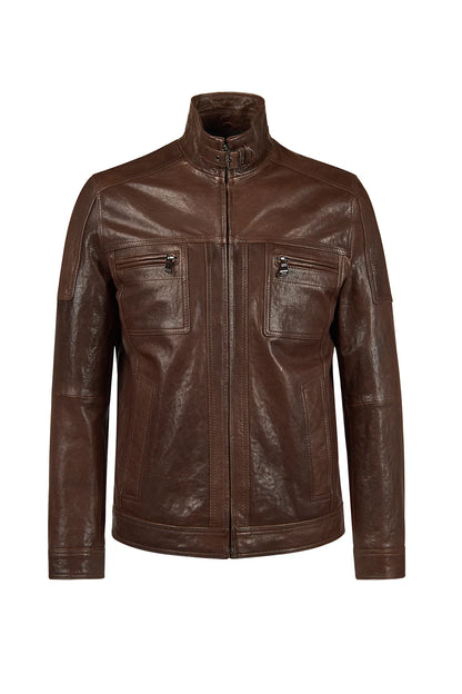 Wade Erkek Kahverengi Slim-fit Deri Ceket