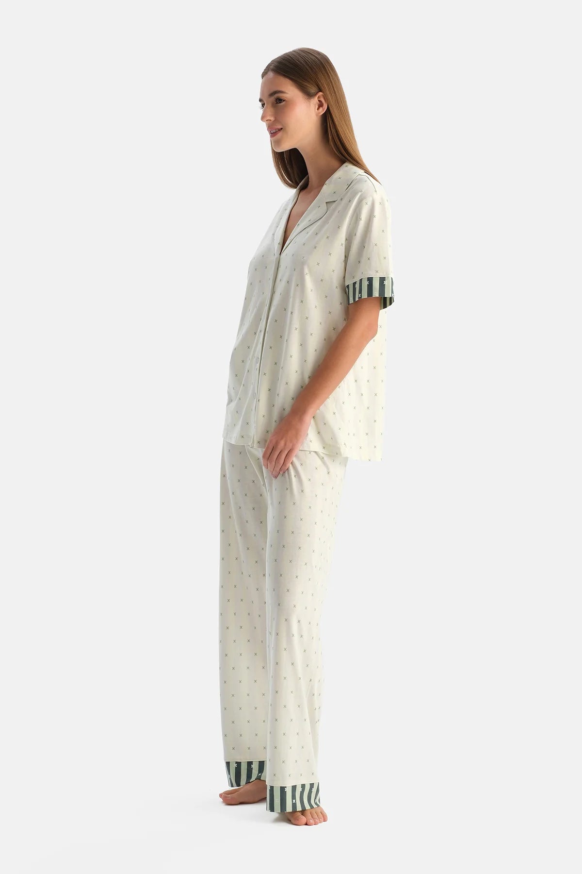Su Yeşili Geometrik Desenli Gömlek Pantolon Pijama Takımı