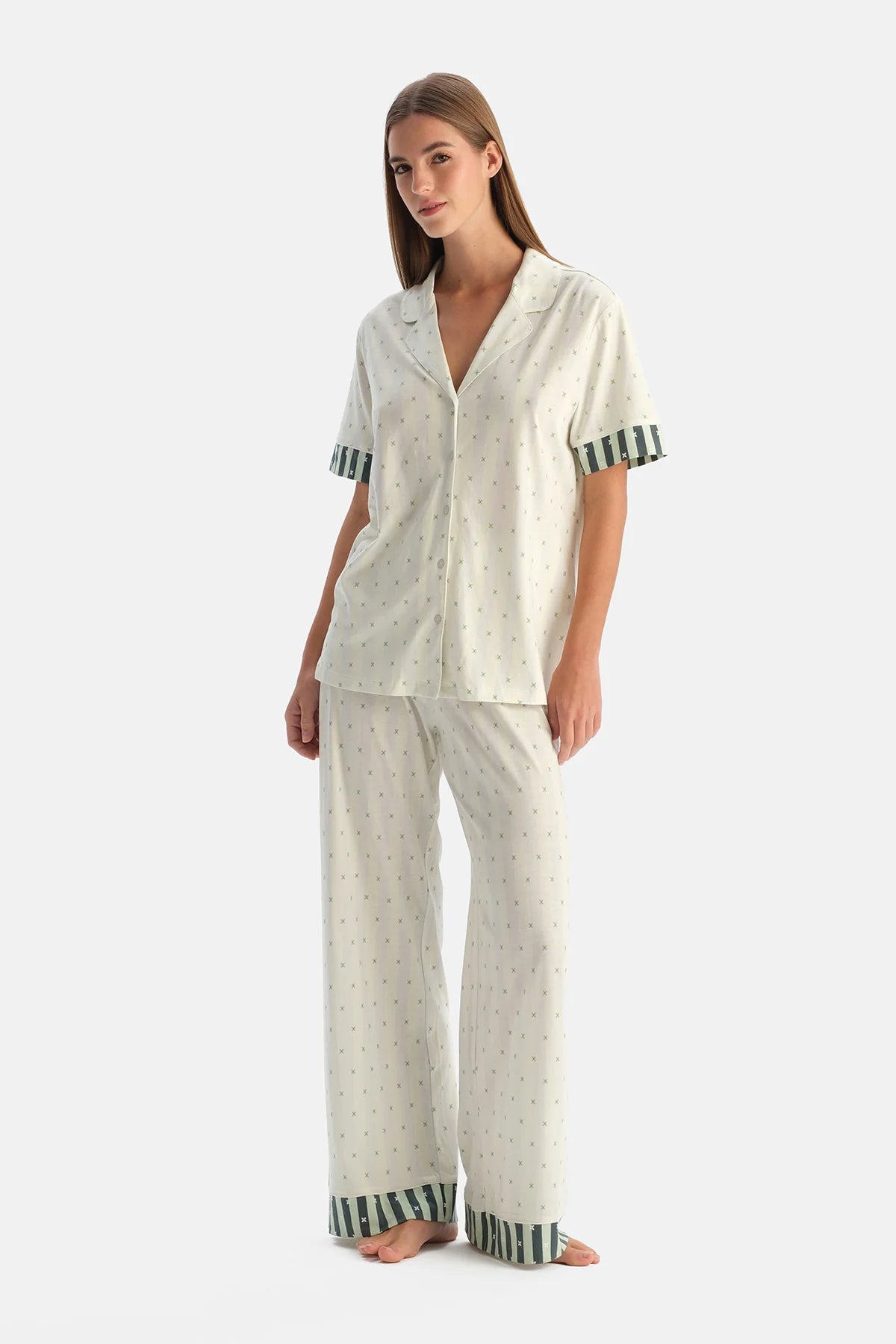 Su Yeşili Geometrik Desenli Gömlek Pantolon Pijama Takımı