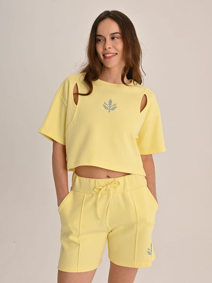 Fenerbahçe Sarı Trend Taş Baskılı Kadın Oversize Crop Tshirt
