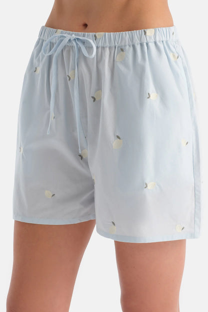 Beyaz V Yaka Kısa Kollu Tişört Limon Nakışlı Şort Takım