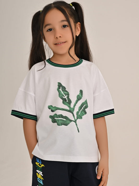 Fenerbahçe Beyaz Trend Yeşil Palamutlu Çocuk Oversize Crop Tshirt