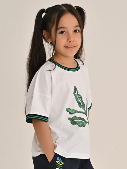 Fenerbahçe Beyaz Trend Yeşil Palamutlu Çocuk Oversize Crop Tshirt