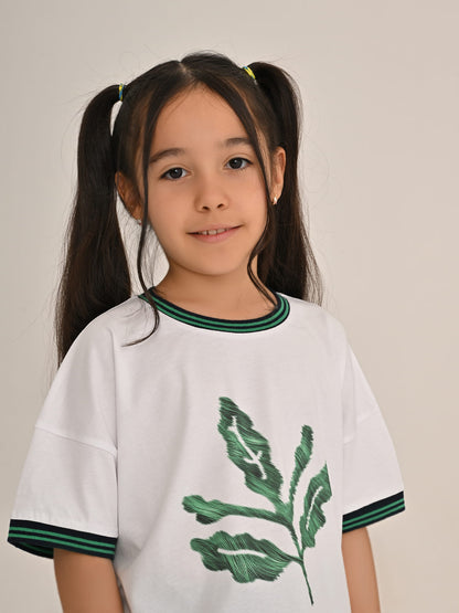 Fenerbahçe Beyaz Trend Yeşil Palamutlu Çocuk Oversize Crop Tshirt