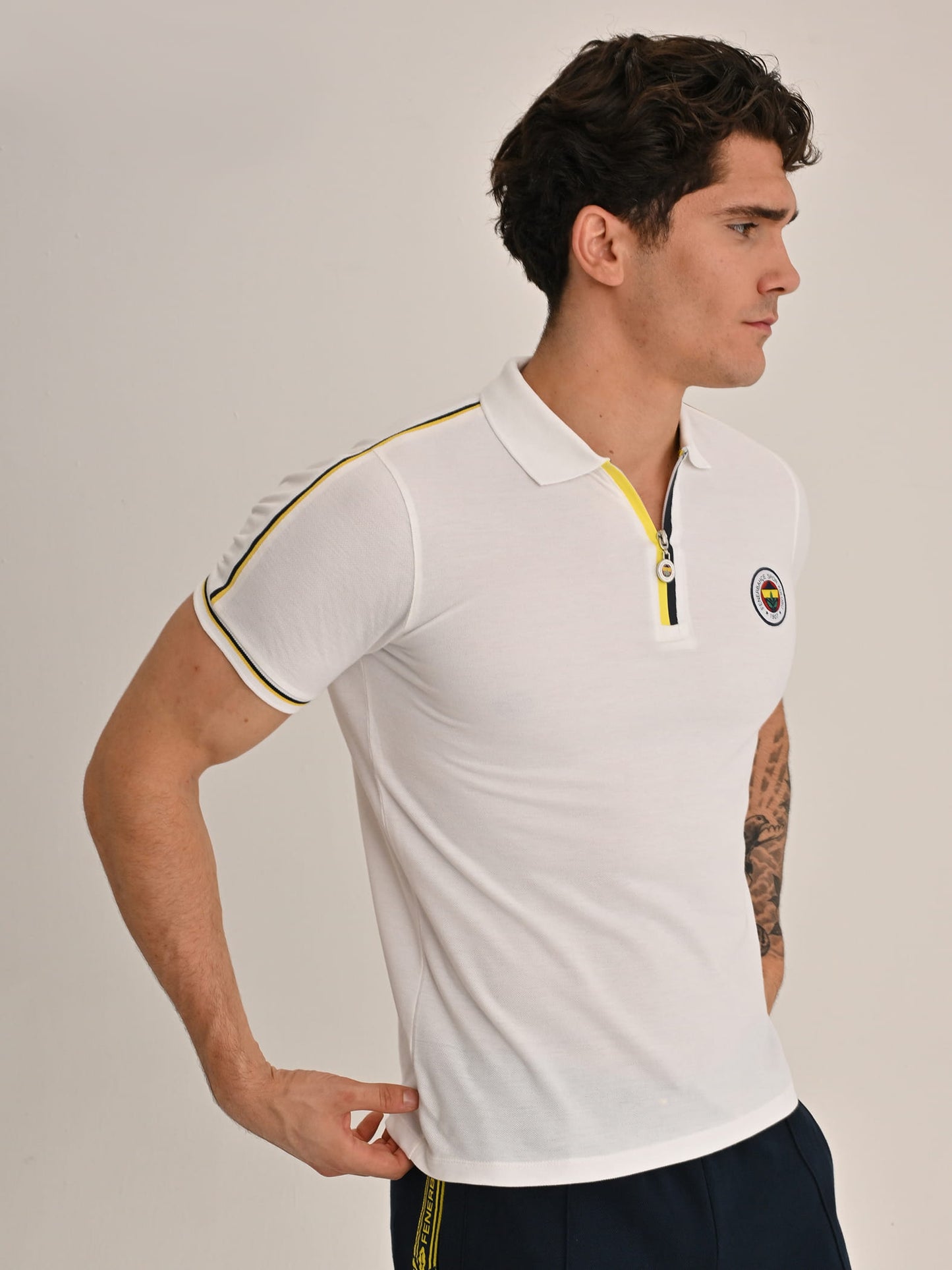 Fenerbahçe Beyaz Tribün Çift Biyeli Erkek Polo Tshirt