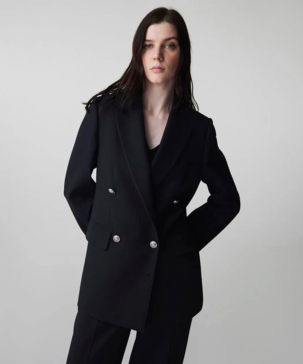 Lacivert Çizgi Desen Metal Düğmeli Blazer Is1260106009015 | Ipekyol