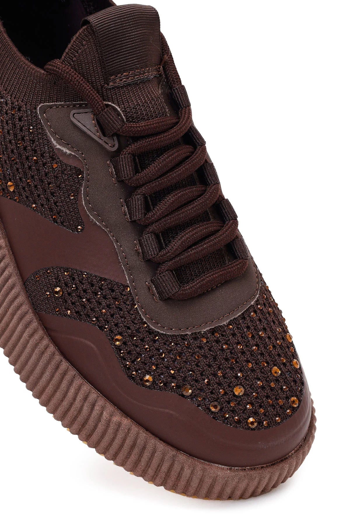 Derimod Zero Kadın Kahverengi Bağcıklı Kalın Tabanlı Taşlı Kumaş Sneaker