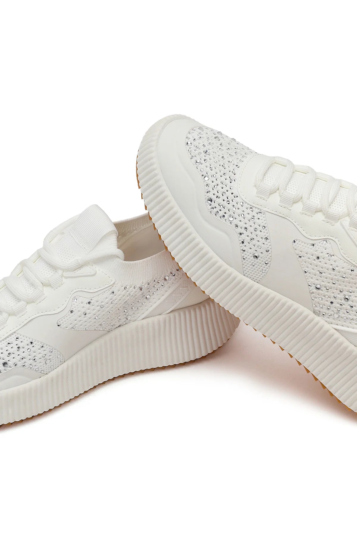 Derimod Zero Kadın Beyaz Bağcıklı Kalın Tabanlı Taşlı Kumaş Sneaker