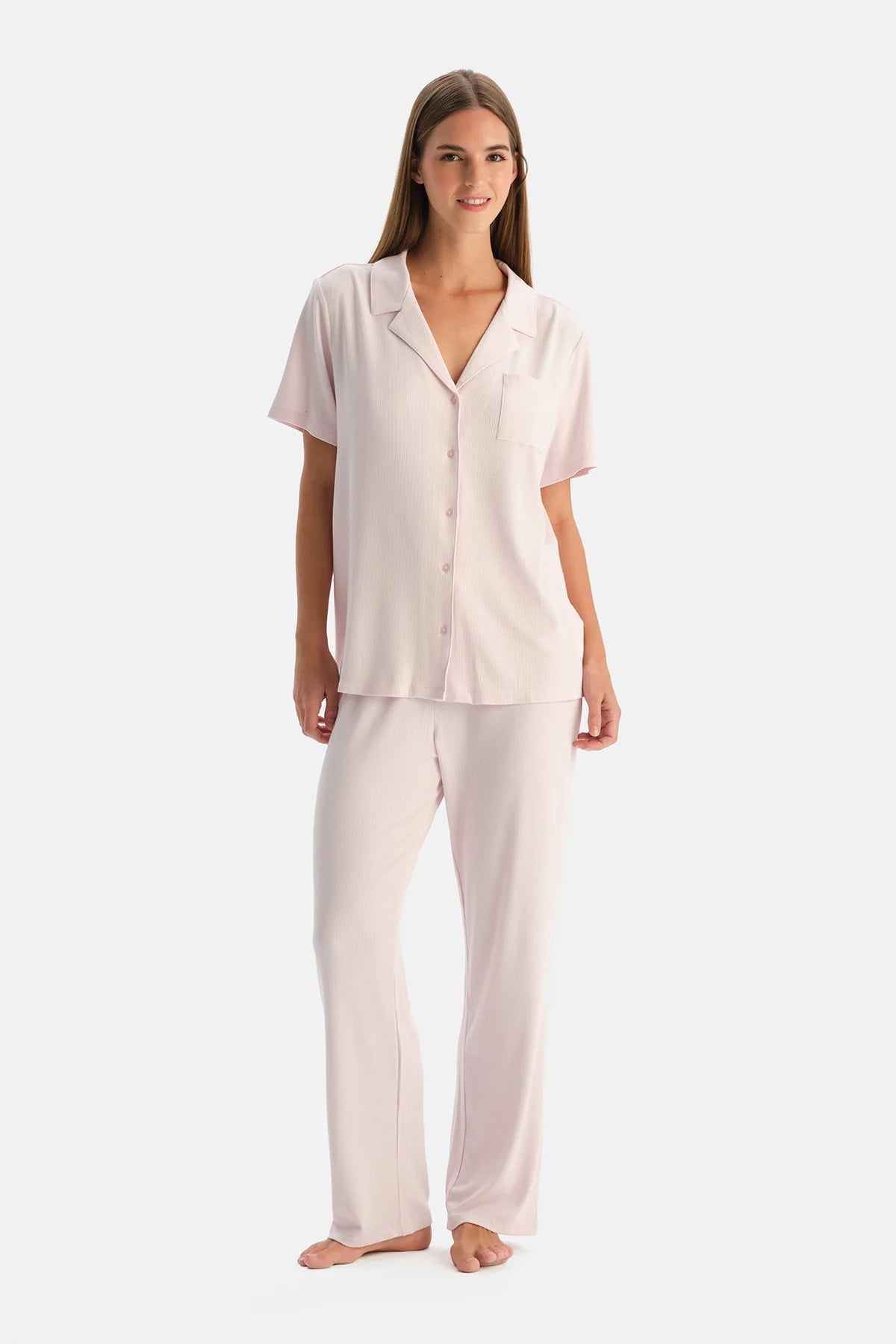 Açık Pembe Modal Ribana Gömlek Pantolon Pijama Takımı