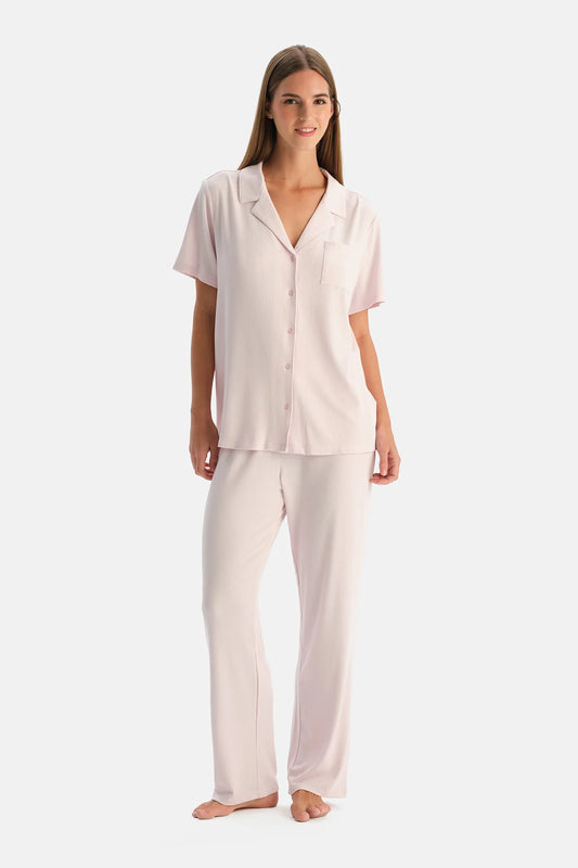 Açık Pembe Modal Ribana Gömlek Pantolon Pijama Takımı