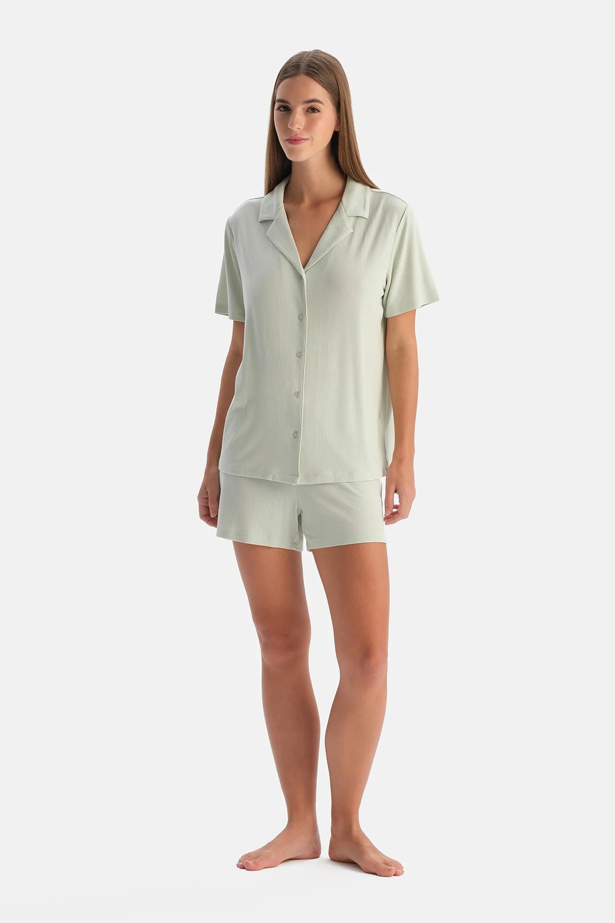 Su Yeşili Modal Ribana Gömlek Şort Pijama Takımı