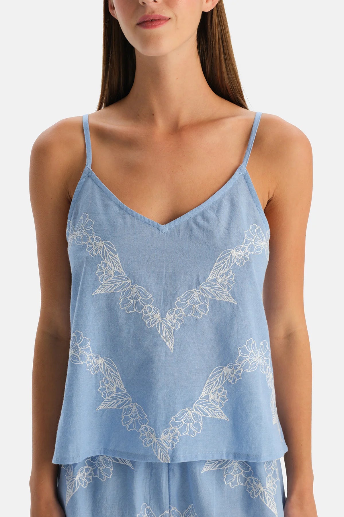 Mavi Nakış Detaylı Dokuma Camisole Şort Takım
