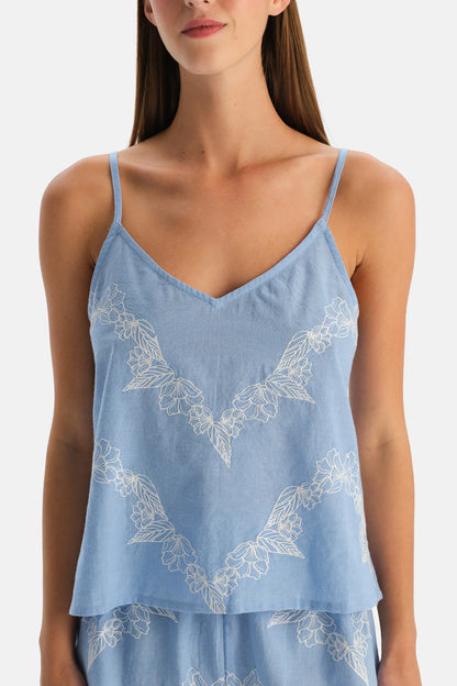 Mavi Nakış Detaylı Dokuma Camisole Şort Takım