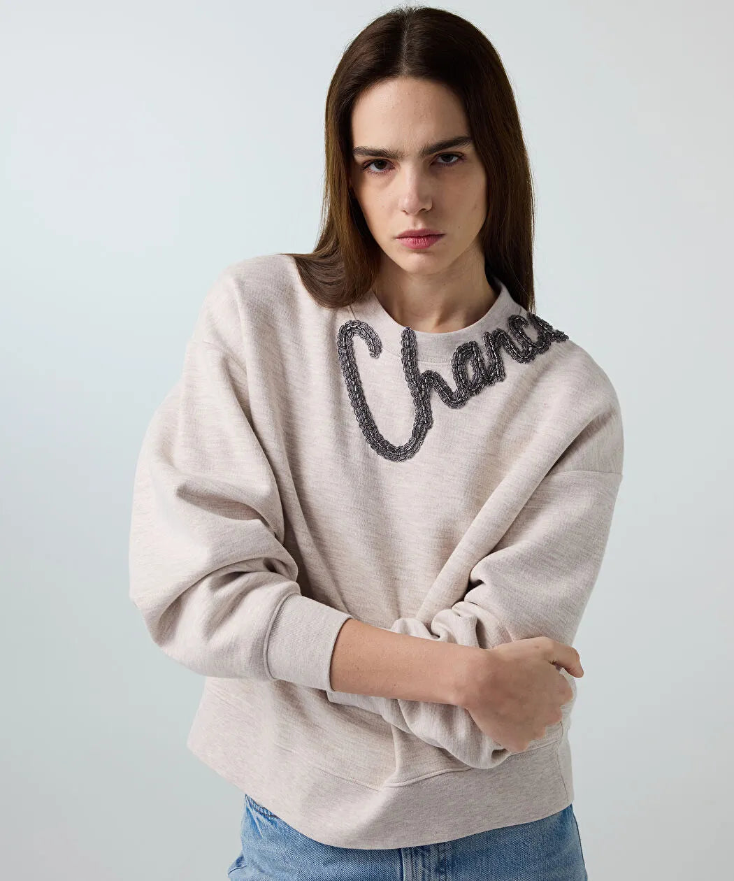 Bej Slogan Nakışlı Boncuklu Sweatshirt Is1260091008023 | Ipekyol
