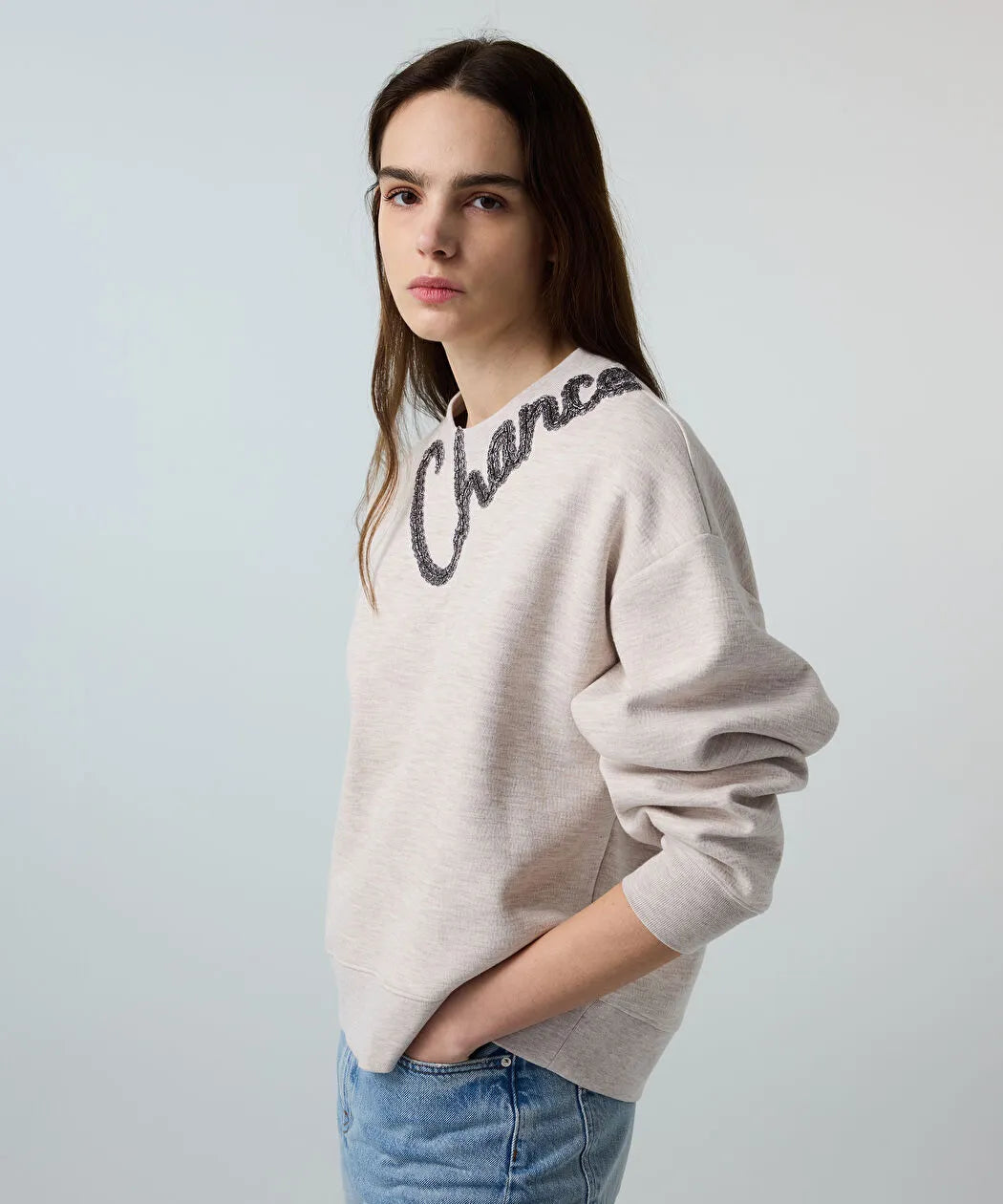 Bej Slogan Nakışlı Boncuklu Sweatshirt Is1260091008023 | Ipekyol