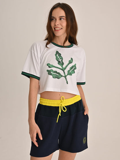 Fenerbahçe Beyaz Trend Yeşil Palamutlu Kadın Oversize Crop Tshirt