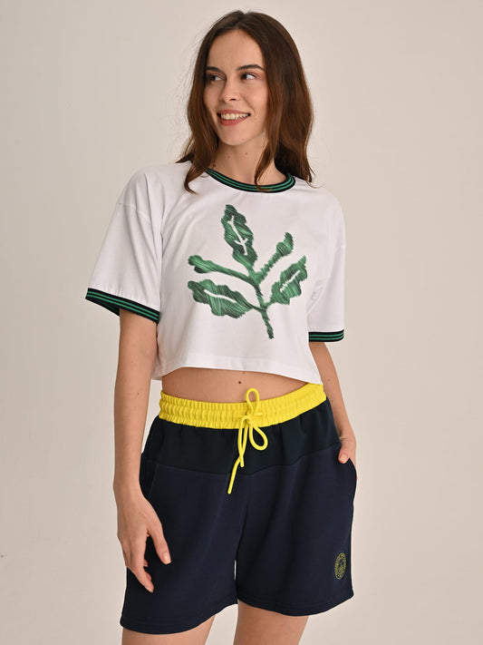 Fenerbahçe Beyaz Trend Yeşil Palamutlu Kadın Oversize Crop Tshirt