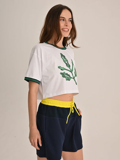 Fenerbahçe Beyaz Trend Yeşil Palamutlu Kadın Oversize Crop Tshirt