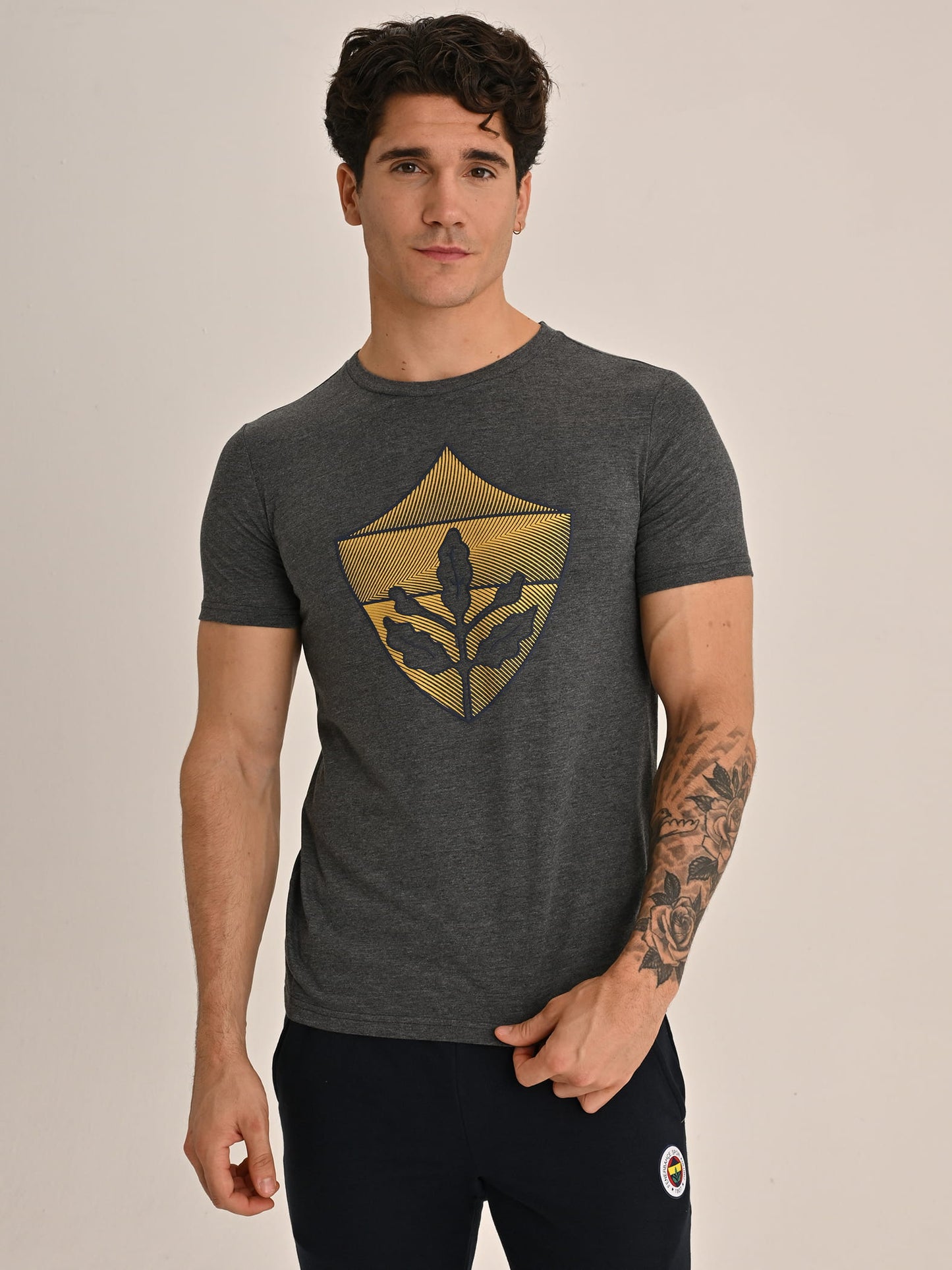Fenerbahçe Gri Melanj Tribün Gold Armalı Erkek Tshirt