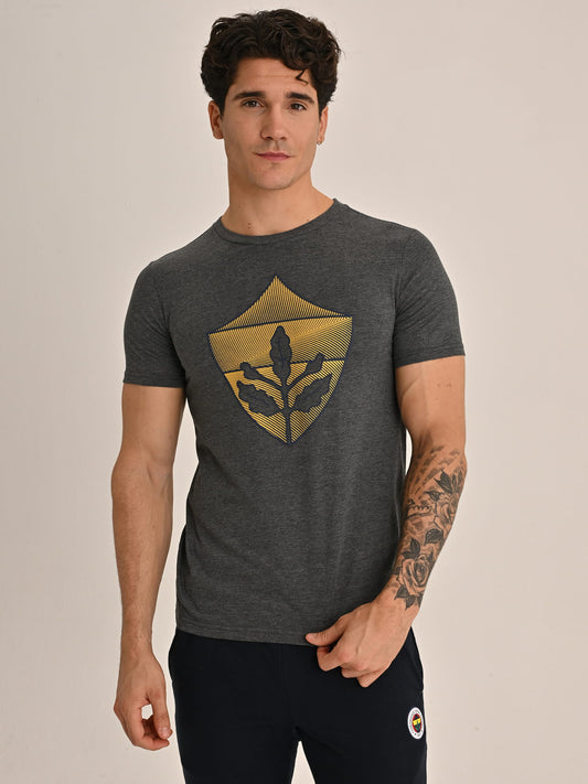 Fenerbahçe Gri Melanj Tribün Gold Armalı Erkek Tshirt
