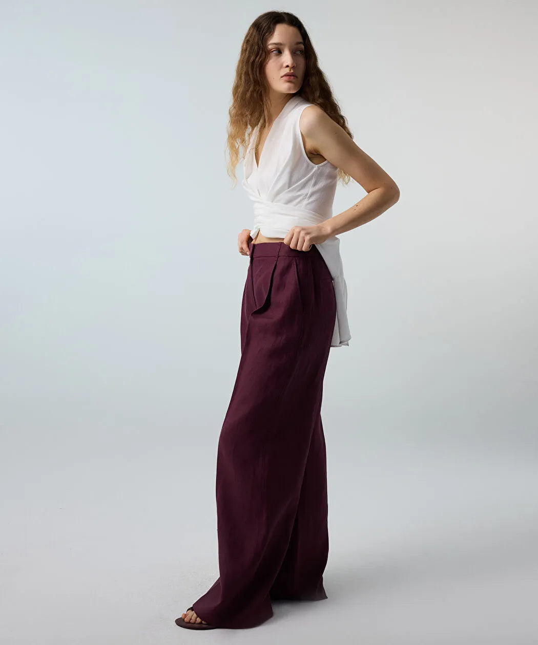 Mor Kemerli Wide Leg Keten Pantolon Is1260003215008 | Ipekyol