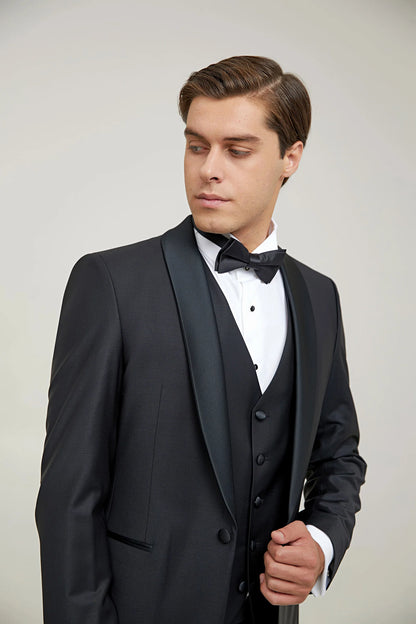 Damat Slim Fit Siyah Düz Takim Elbise Yelekli