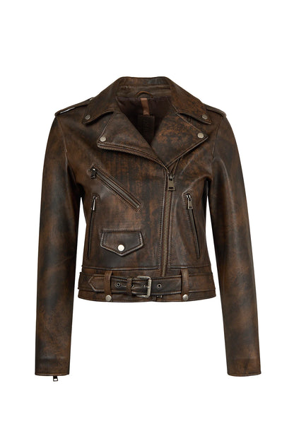 Newage Kadın Kahverengi Slim-fit Biker Deri Ceket