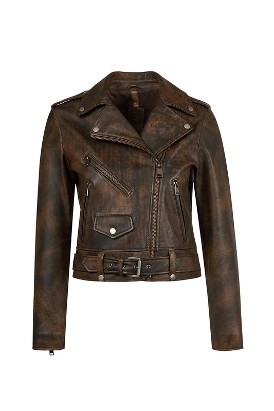Newage Kadın Kahverengi Slim-fit Biker Deri Ceket