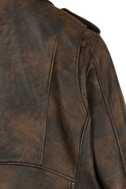 Newage Kadın Kahverengi Slim-fit Biker Deri Ceket