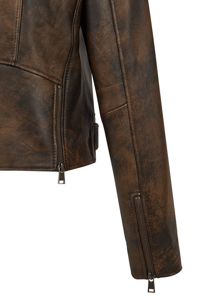 Newage Kadın Kahverengi Slim-fit Biker Deri Ceket