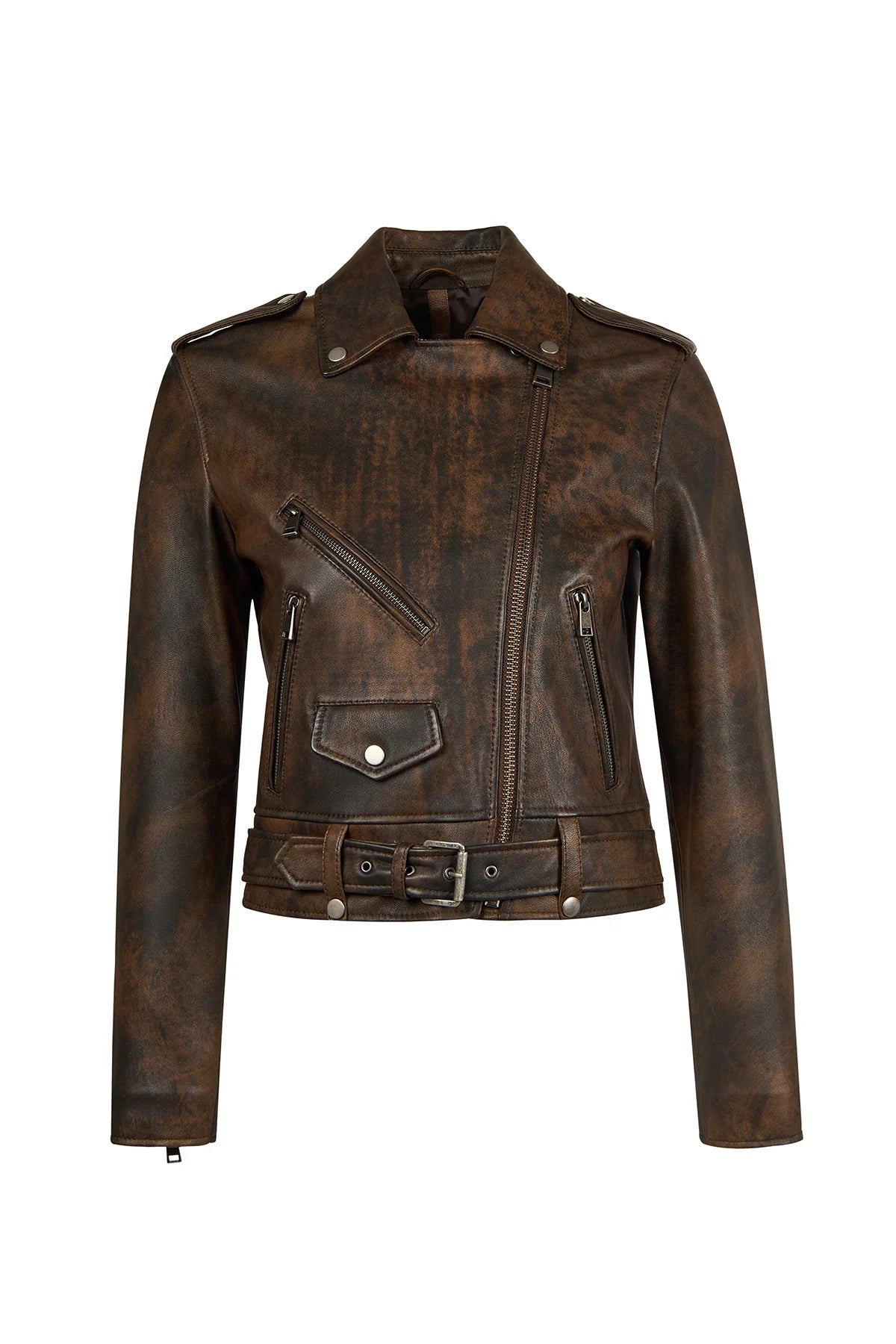 Newage Kadın Kahverengi Slim-fit Biker Deri Ceket