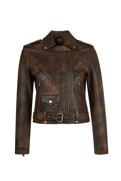 Newage Kadın Kahverengi Slim-fit Biker Deri Ceket