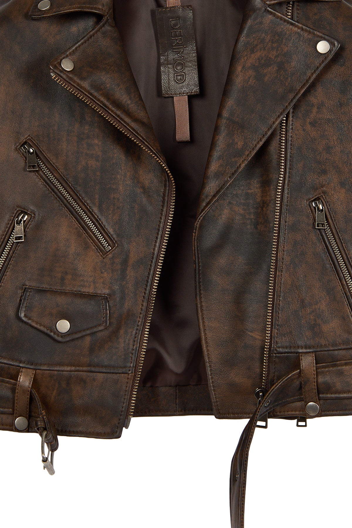 Newage Kadın Kahverengi Slim-fit Biker Deri Ceket