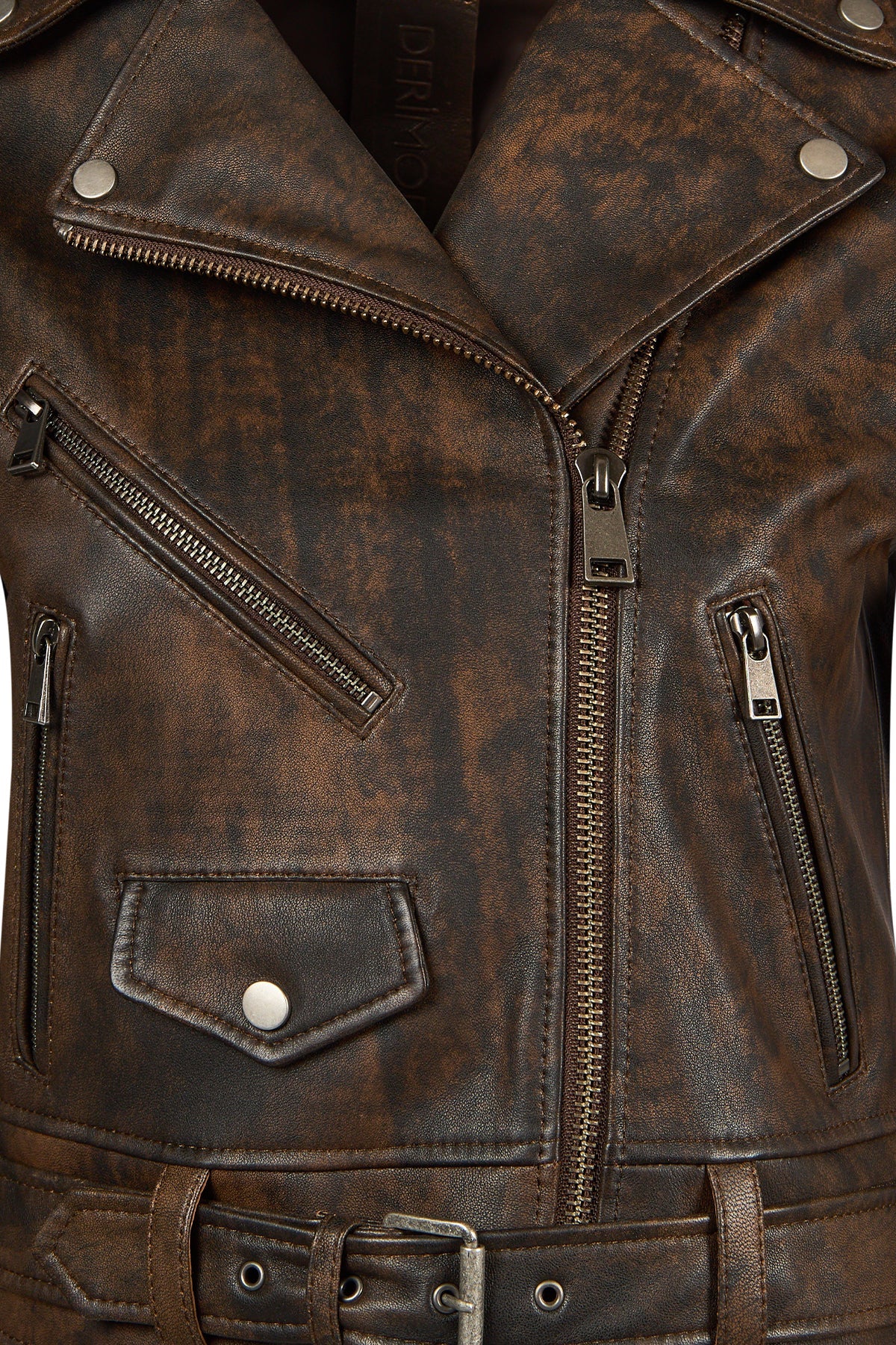 Newage Kadın Kahverengi Slim-fit Biker Deri Ceket