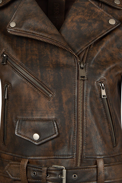 Newage Kadın Kahverengi Slim-fit Biker Deri Ceket