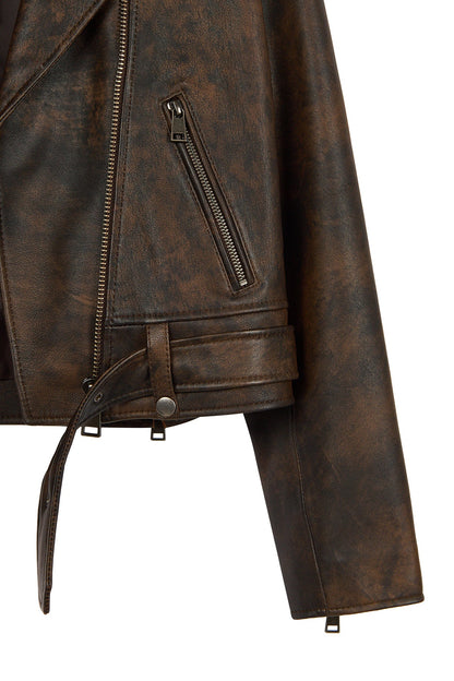 Newage Kadın Kahverengi Slim-fit Biker Deri Ceket