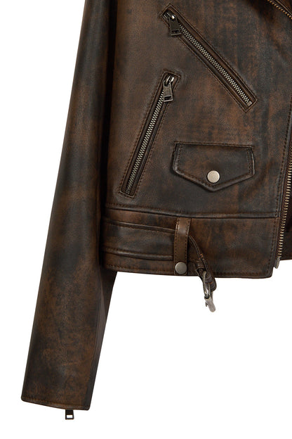 Newage Kadın Kahverengi Slim-fit Biker Deri Ceket