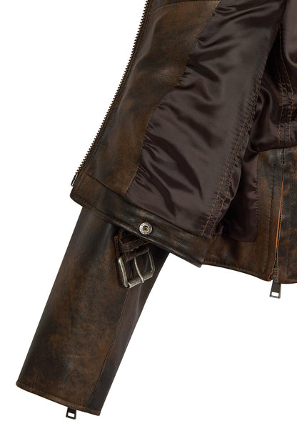Newage Kadın Kahverengi Slim-fit Biker Deri Ceket